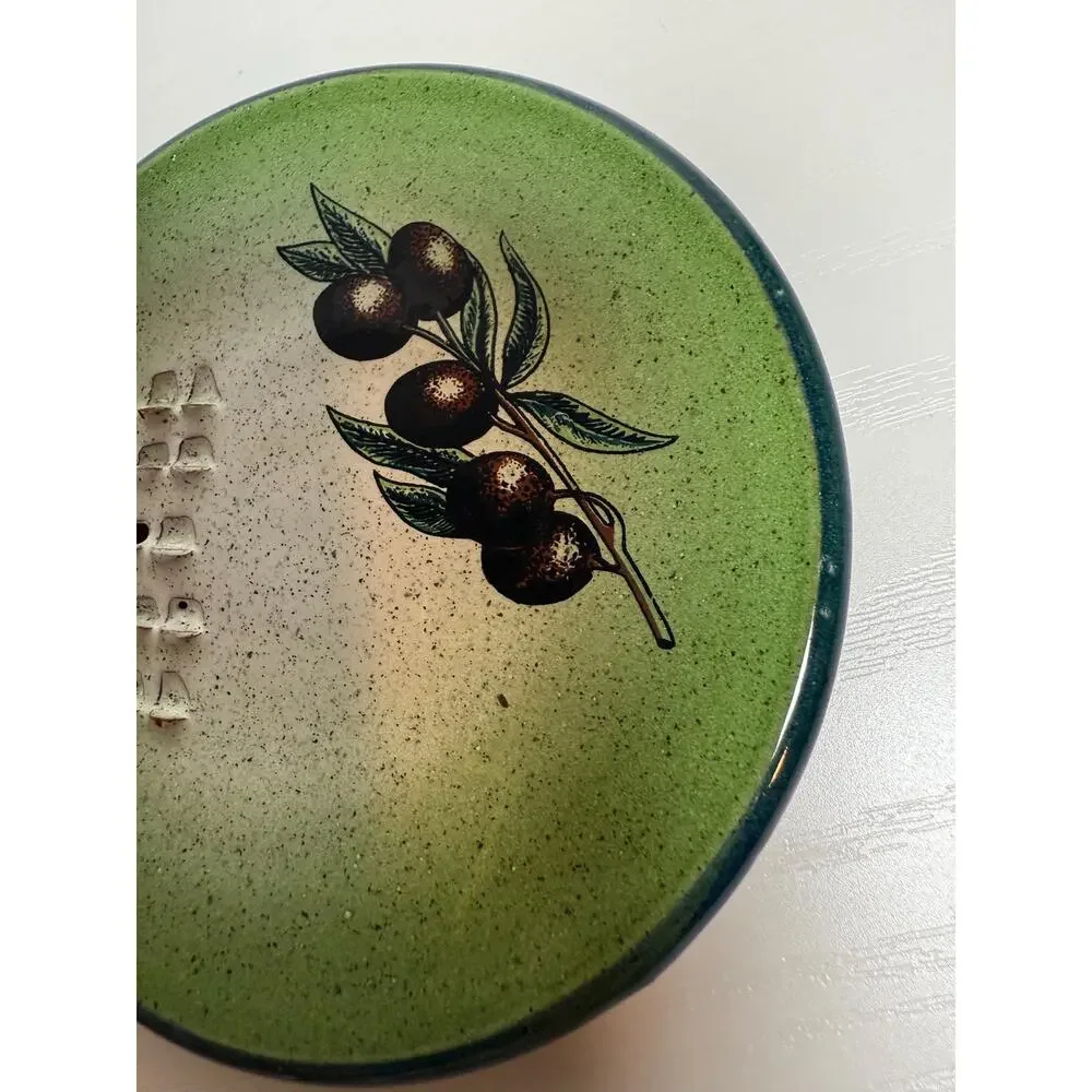 Vintage Green Ceramic Garlic Grater Olive Oil Dipping Plate Retro Kitchen